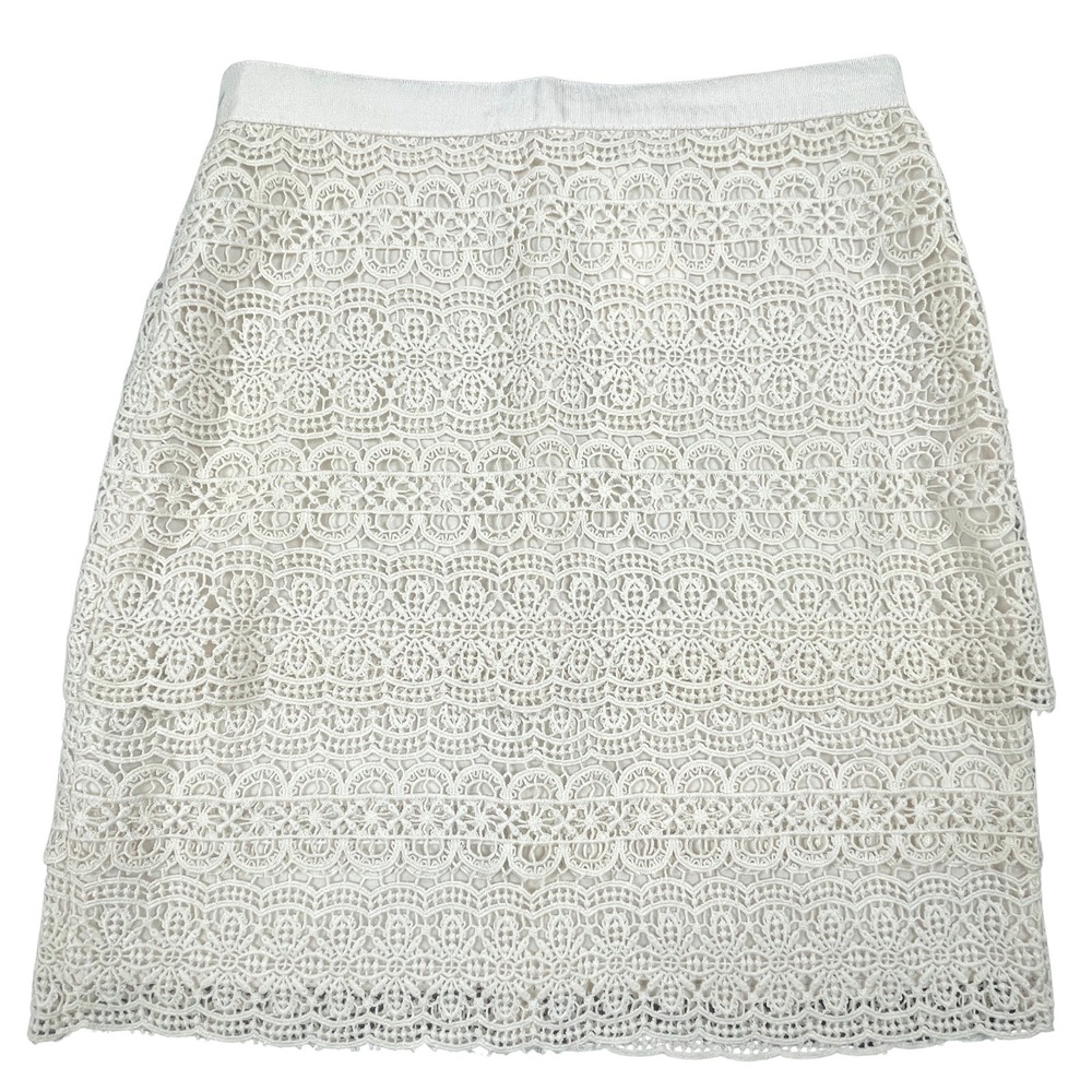 NWT Club Monaco Anna Womens Mini Skirt 00 Ivory Tiered Eyelet Lace Crochet Lined